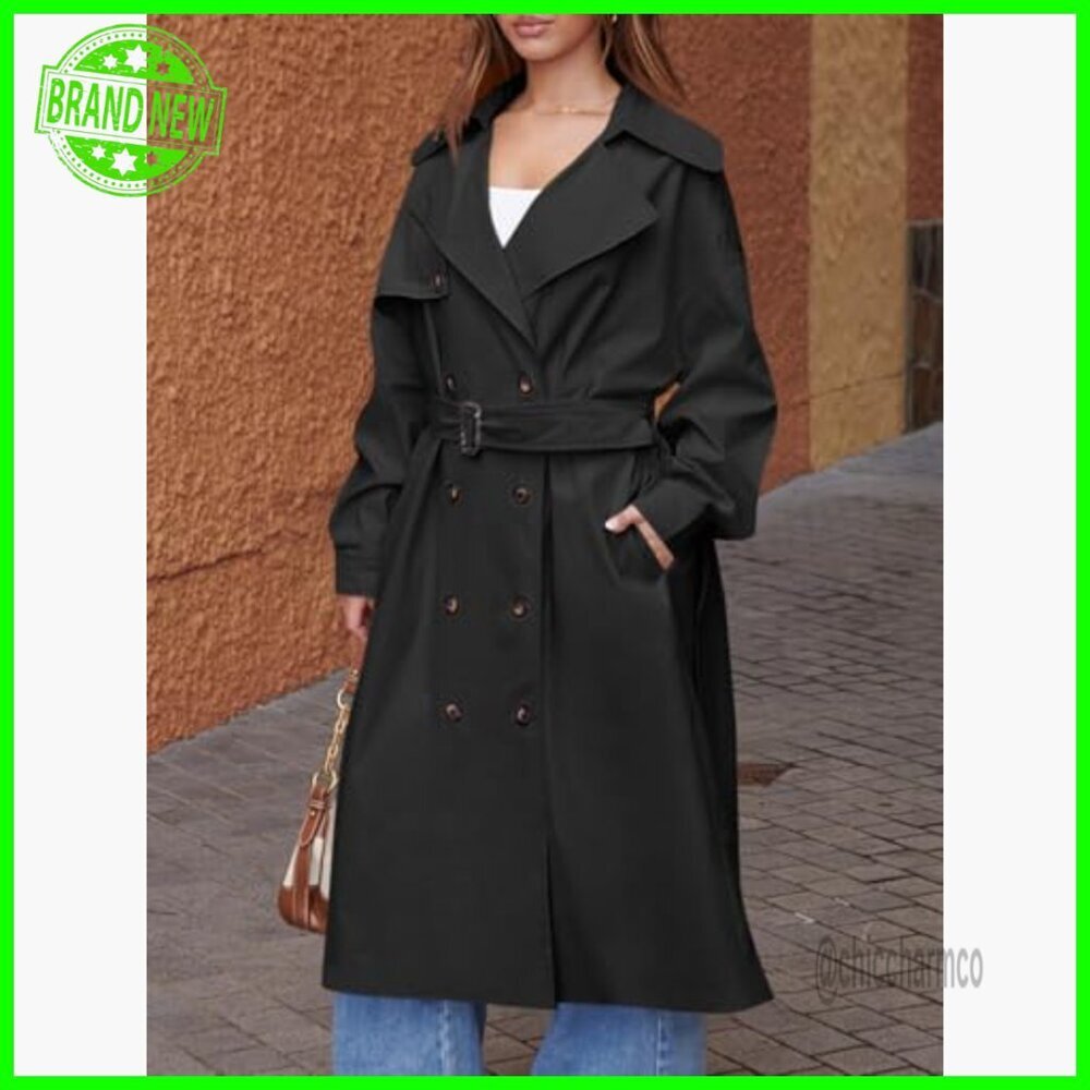 Oversized Long Trench Coat with Belt, Double Breasted Lapel, Water Resistant - Picture 6 of 7